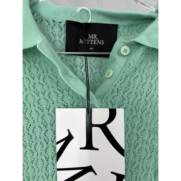 I LOVE MR. MITTENS XS/S Sweater Cotton Lace Crochet Polo Mint Green NWT - Picture 5 of 7